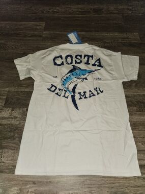 Costa White Short Sleeve Tee with Blue Marlin Graphic